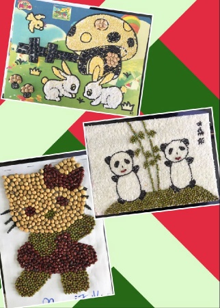 黑米,瓜子,玉米,芝麻等等,让幼儿和家长用通过横贴或竖贴粘贴出